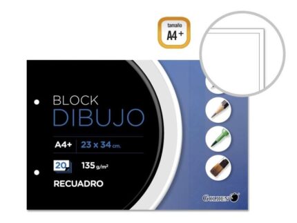 Golden Blocco da disegno A4+ 20 fogli con riquadro interno - Carta da 135 g - Incollato con 2 fori