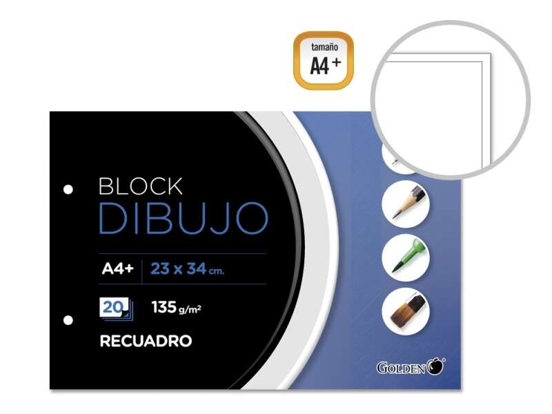 Golden Blocco da disegno A4+ 20 fogli con riquadro interno - Carta da 135 g - Incollato con 2 fori