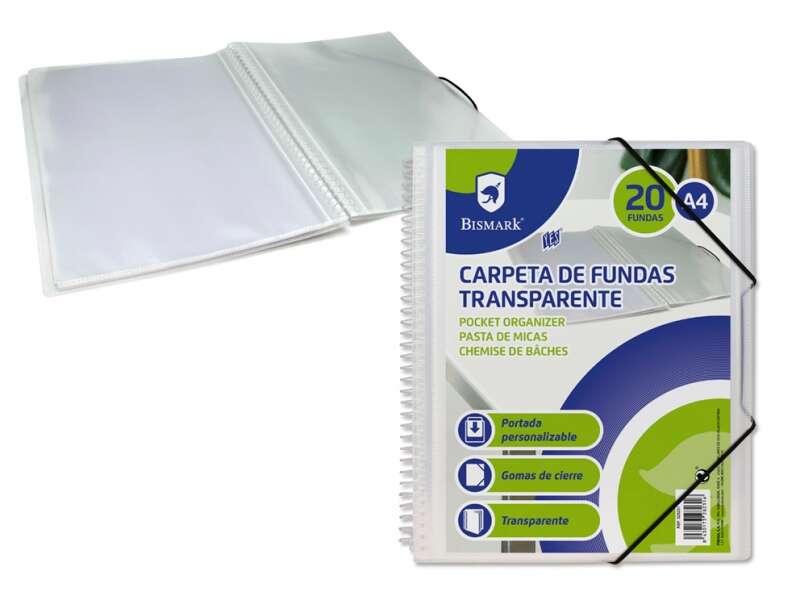 Bismark Raccoglitore a spirale con 20 buste trasparenti A4 - Polipropilene - Copertina personalizzabile - Spirale in plastica indeformabile - Apertura a 360 gradi - Elastici di chiusura