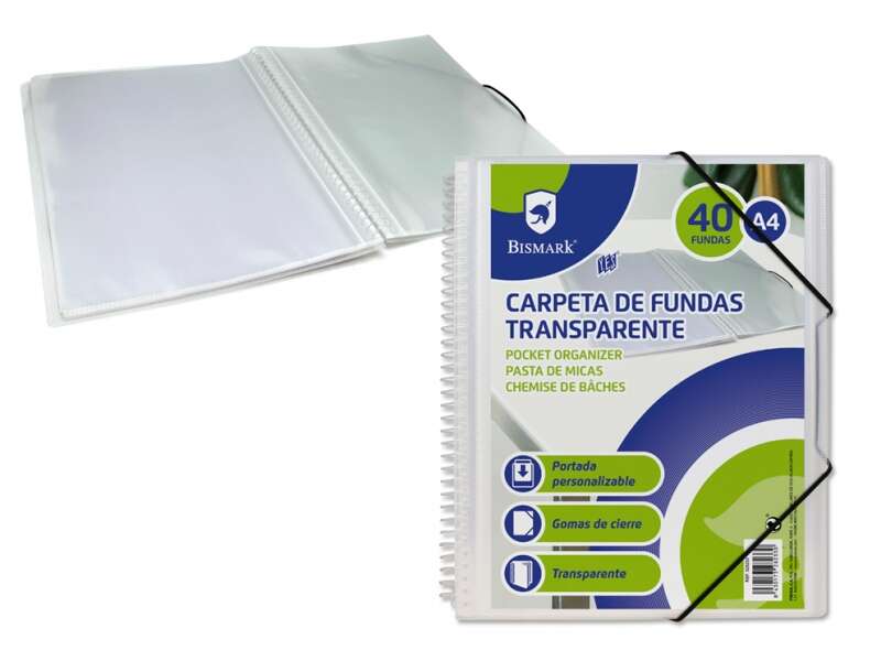 Bismark Raccoglitore a spirale con 40 buste trasparenti A4 - Polipropilene - Copertina personalizzabile - Spirale in plastica indeformabile - Apertura a 360 gradi - Elastici di chiusura