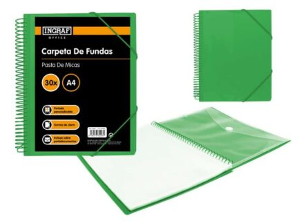 Ingraf Raccoglitore 30 buste A4 + busta con chiusura a clip - spirale in plastica indeformabile - apertura a 360 gradi - copertina personalizzabile - colore verde