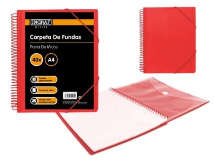 Ingraf Raccoglitore 40 buste A4 + busta con chiusura a clip - Spirale in plastica indeformabile - Apertura a 360 gradi - Copertina personalizzabile - Colore rosso