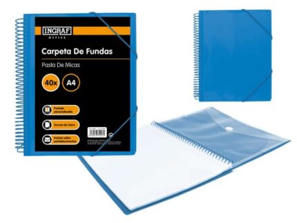Ingraf Raccoglitore 40 buste A4 + busta con chiusura a clip - Spirale in plastica indeformabile - Apertura a 360 gradi - Copertina personalizzabile - Colore blu