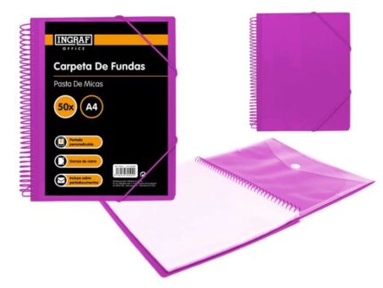 Ingraf Cartella 50 buste A4 + busta con chiusura a clip - spirale in plastica indeformabile - apertura a 360 gradi - copertina personalizzabile - colore viola