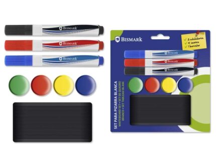 Bismark Confezione da 3 pennarelli per lavagna + 4 magneti + cancellino - Colori assortiti