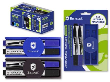 Bismark Confezione da 2 pennarelli per lavagna + cancellino con funzione magnetica - Ideale per l'uso in ufficio e in classe - Colori assortiti