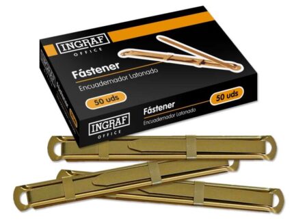 Ingraf Confezione da 50 fermagli - Ottonati per rilegatura rapida e resistente - Include linguetta e cursore - Colore oro