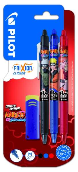 Pilot Frixion Clicker Naruto Shippuden Confezione da 3 penne gel a scatto cancellabili + gomma - Punta a sfera 0