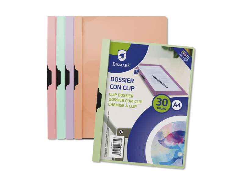 Bismark Cartellina con clip A4 - Capacità 30 fogli - Polipropilene trasparente - Clip metallica laterale - Colori pastello assortiti