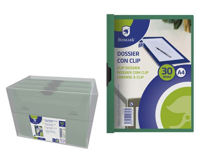 Raccoglitore Bismark per 30 fogli A4 con clip metallica laterale - Polipropilene trasparente - Colore verde