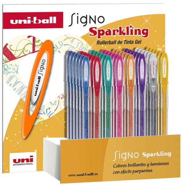 Uni-ball Signo Sparkling Espositore da 48 penne a inchiostro gel - Punta a sfera da 1 mm - Inchiostro pigmentato resistente all'acqua e alla luce - Colori assortiti