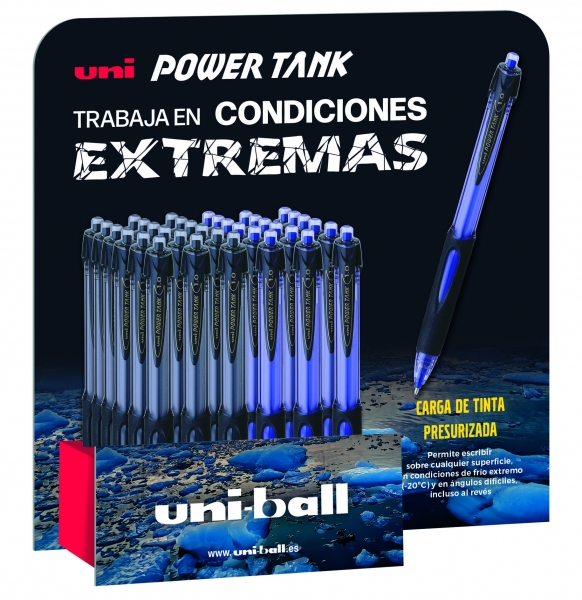Uni-ball 220 Power Tank Espositore da 36 penne a sfera - Punta da 1 mm - Carica pressurizzata - Scrive su qualsiasi superficie - Resiste a temperature estreme - Colori assortiti