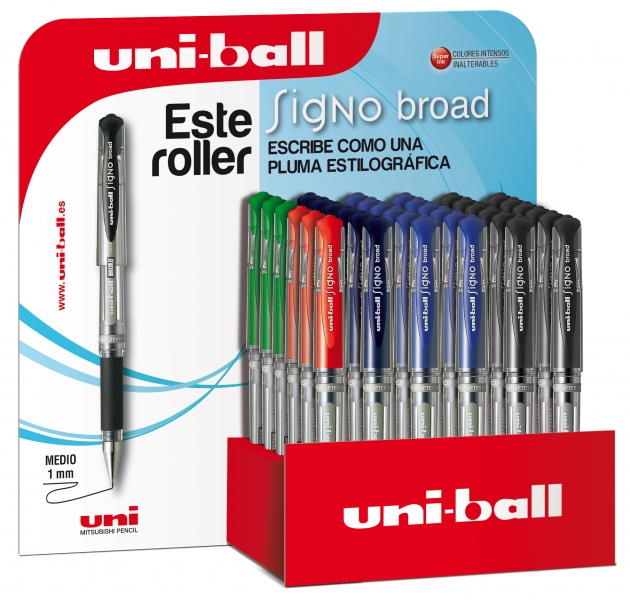 Uni-ball Signo Broad UM-153/3D Espositore da 36 roller a inchiostro gel - Punta a sfera da 1 mm - Tratto stile penna - Impugnatura in gomma - Colori assortiti