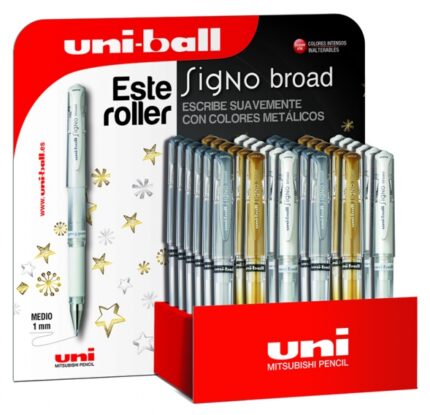 Uni-ball Signo Broad Espositore da 36 penne a inchiostro gel - Punta a sfera da 1 mm - Tratto stilografico - Impugnatura in gomma - Colori assortiti