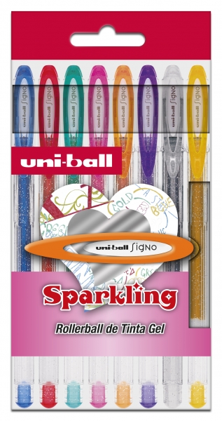 Uni-ball UM-120 SP Signo Sparkling Confezione da 8 penne a inchiostro gel - Punta a sfera da 1 mm - Inchiostro pigmentato resistente all'acqua e alla luce - Colori con effetto glitter assortiti