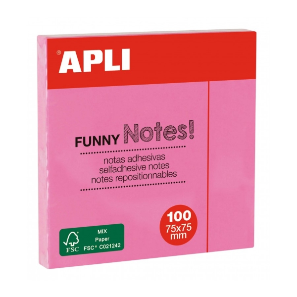 Blocco di foglietti adesivi Apli - 100 fogli - Carta certificata FSC - Adesivo riposizionabile - Colore rosa