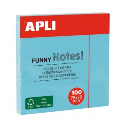 Blocco di foglietti adesivi Apli - 100 fogli - Carta certificata FSC - Adesivo a base d'acqua - Riposizionabili - Formato classico 75x75 mm - Colore blu turchese