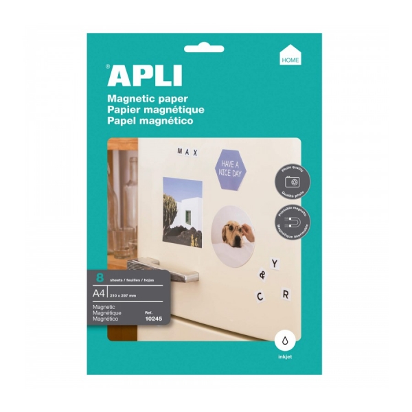 Apli Confezione da 8 fogli di carta magnetica A4 - 650 g - Adatta alle stampanti a getto d'inchiostro - Facile da usare - Ideale per immagini personalizzate e decorazioni