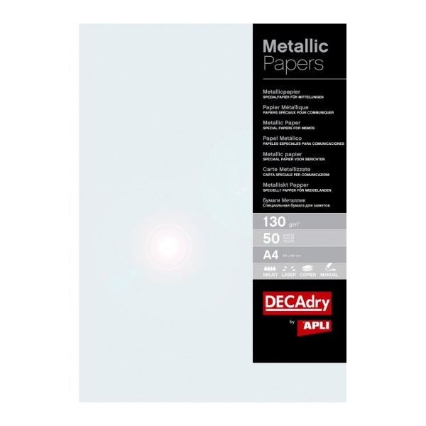 Apli Confezione da 50 fogli di carta metallizzata - 130 g - Ideale per inviti e comunicazioni - Compatibile con stampanti a getto d'inchiostro