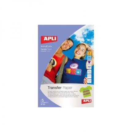 Apli Confezione da 5 fogli di carta transfer per stampanti a getto d'inchiostro - Ideale per capi colorati - Perfetta per personalizzare capi in cotone - Facile da usare e lavabile in acqua fredda