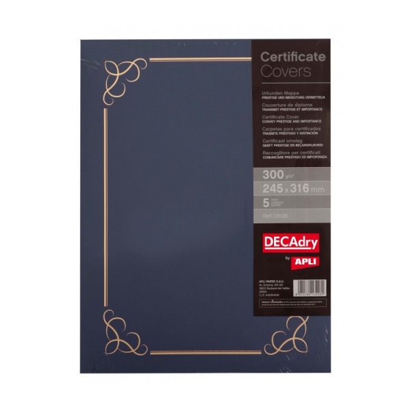 Apli Confezione da 5 Cartelline per Certificati e Diplomi - 300 g - Bordo goffrato - Linguette interne - Colore blu