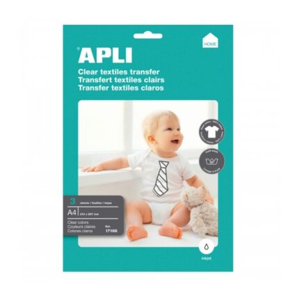 Apli Confezione da 3 fogli di carta transfer per stampanti a getto d'inchiostro - Ideale per capi bianchi e 100% cotone - Facile da applicare e lavabile in acqua fredda