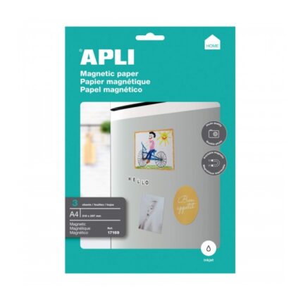 Apli Confezione da 3 fogli di carta magnetica A4 - 650 g - Adatta alle stampanti a getto d'inchiostro - Facile da usare - Ideale per immagini personalizzate e decorazione di superfici metalliche