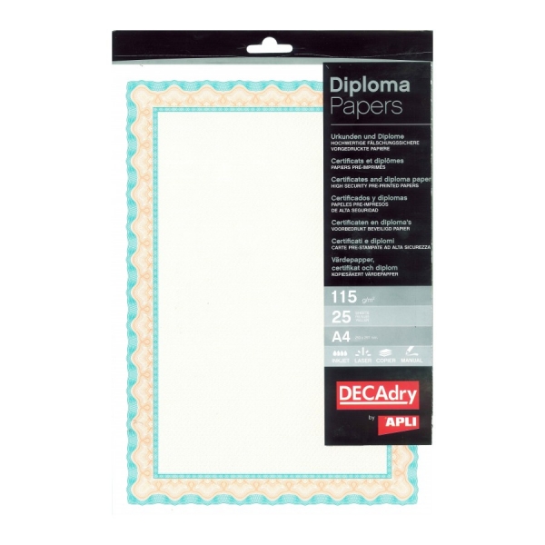 Apli Confezione da 25 fogli di carta certificata - Motivo a conchiglia - 115 g - Ideale per certificati e diplomi - Compatibile con stampanti a getto d'inchiostro