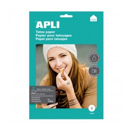 Apli Confezione da 2 fogli di carta per creare tatuaggi - Stampabile a getto d'inchiostro - Versatile per pelle e oggetti - Facile da rimuovere - Dermatologicamente testato