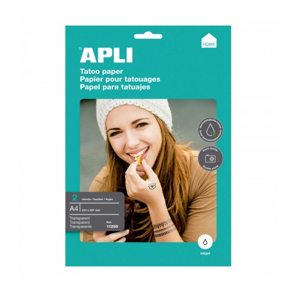 Apli Confezione da 2 fogli di carta per creare tatuaggi - Stampabile a getto d'inchiostro - Versatile per pelle e oggetti - Facile da rimuovere - Dermatologicamente testato