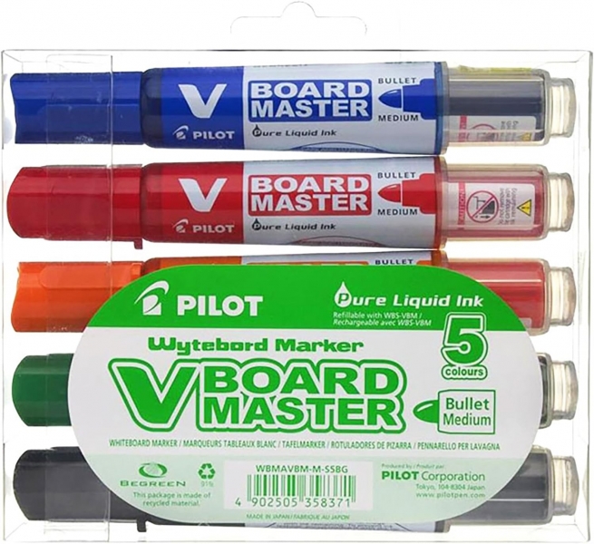 Pilot V-Board Master Begreen Confezione da 5 pennarelli per lavagna bianca - Punta tonda 6 mm - Tratto 2 Pilot V-Board Master Begreen Confezione da 5 pennarelli per lavagna bianca - Punta tonda 6 mm - Tratto 2