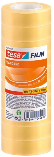 Tesa Tesafilm Standard Confezione da 10 nastri autoadesivi trasparenti 15 mm x 33 m - Buona adesione e alta resistenza ai raggi UV - Senza PVC
