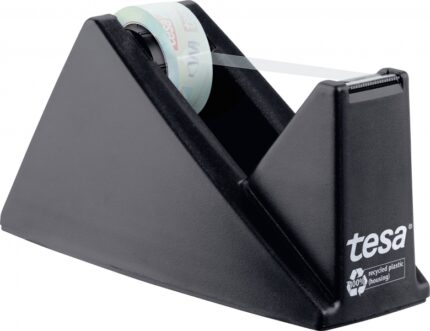 Tesa Tesafilm Eco & Crystal Easy Cut Portarotolo da tavolo + Nastro adesivo Realizzato con il 90% di bottiglie in PET riciclate - Colore nero