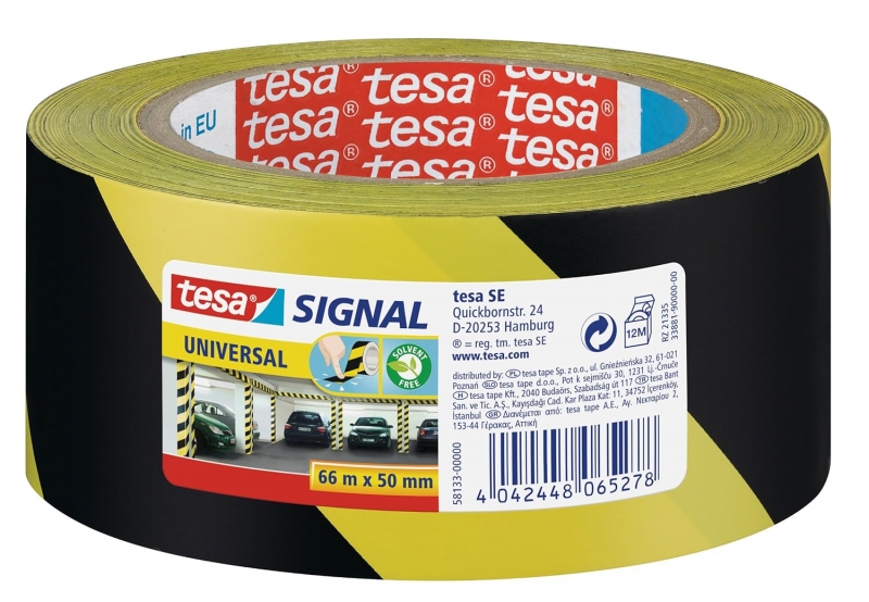Nastro adesivo di segnalazione Tesa 50 mm x 66 m - Ideale per segnalare ostacoli permanenti - Adesivo senza solventi - Colore giallo/nero Nastro adesivo di segnalazione Tesa 50 mm x 66 m - Ideale per segnalare ostacoli permanenti - Adesivo senza solventi - Colore giallo/nero