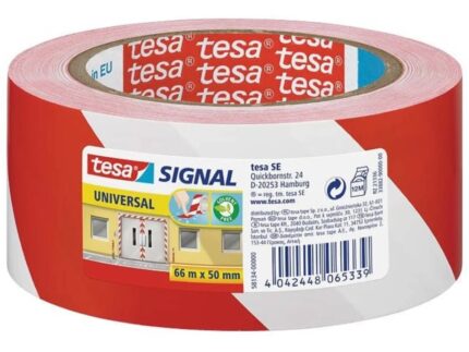 Nastro adesivo di segnalazione Tesa 50 mm x 66 m - Ideale per segnalare ostacoli permanenti - Adesivo senza solventi - Colore rosso/bianco