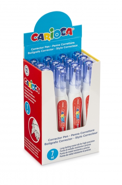 Carioca Corrector Pen Espositore da 12 penne correttive - Punta in metallo resistente e precisa - Adatto a tutti i tipi di carta - Asciugatura rapida - Colore bianco