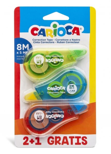 Carioca Confezione correttore a nastro 2+1 - Coprente - Si può riscrivere immediatamente - Ideale per qualsiasi tipo di carta - Colori vari