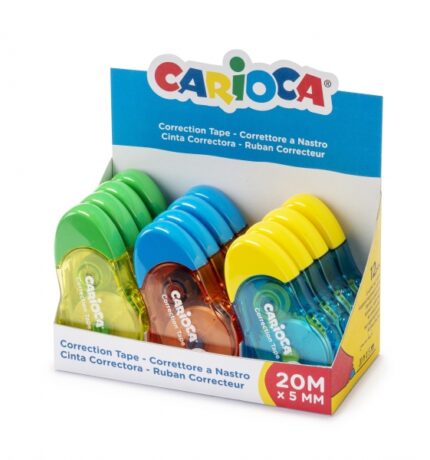 Carioca Tape Espositore da 12 correttori a nastro - 20 m x 5 mm - Coprente - Riscrivibile immediatamente - Ideale per qualsiasi tipo di carta - Colori vari
