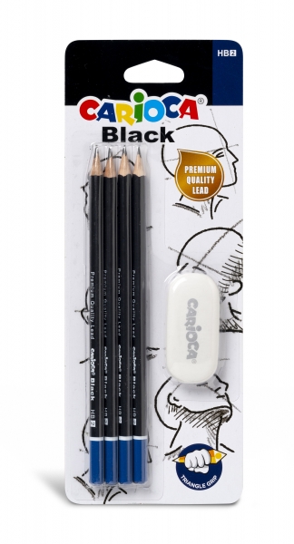 Carioca Confezione da 4 matite di grafite nera HB + gomma - Facili da cancellare e da temperare - Corpo triangolare piacevole al tatto - Mina resistente alle cadute - Colore nero
