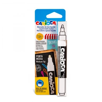 Carioca Pennarello a gesso liquido - A base d'acqua - Punta reversibile - Resistente alla luce - Facile da cancellare - Applicabile su lavagna e vetro - Colore bianco