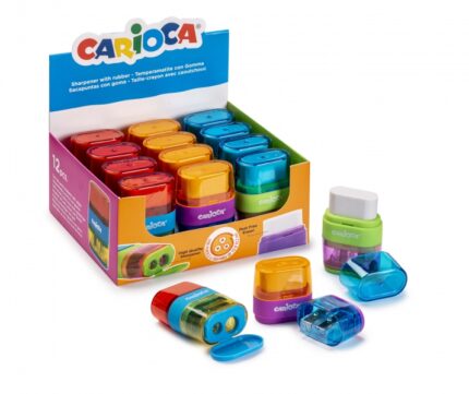 Carioca Afila-Borra Espositore da 12 temperamatite con gomma - Doppio foro - Adatto per matite e pastelli - Vite di sicurezza - Contenitore per trucioli - Colori vari