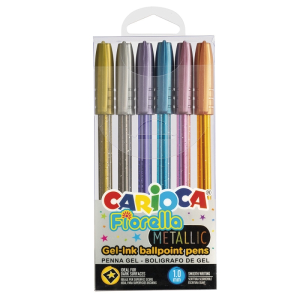 Carioca Fiorella Metallic Confezione da 6 penne a gel colorate - Punta a sfera da 1 mm - Corpo trasparente - Colori metallici assortiti