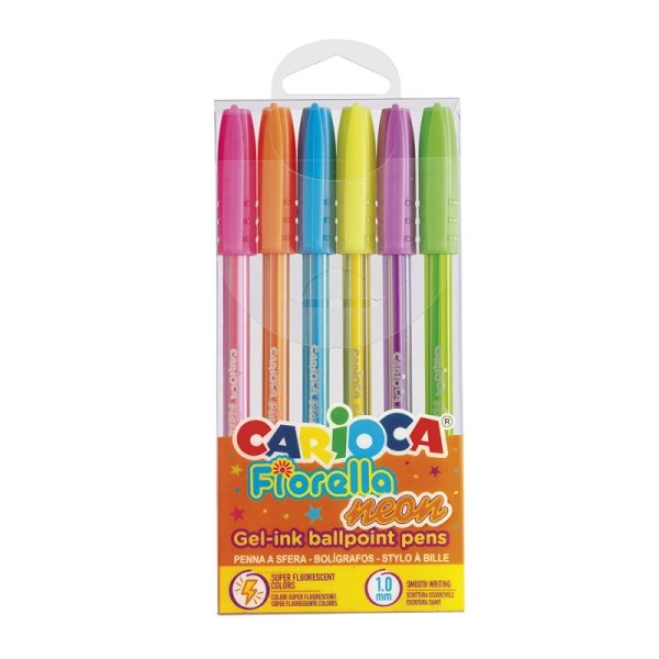 Carioca Fiorella Neon Confezione da 6 penne colorate a inchiostro gel - Punta a sfera da 1 mm - Corpo trasparente fluorescente - Colori neon assortiti