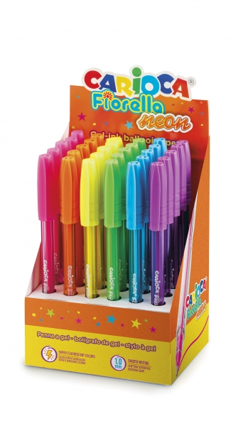 Carioca Fiorella Espositore da 30 penne a sfera neon - Punta a sfera - Corpo trasparente fluo - Scrittura brillante e colorata - Colori assortiti