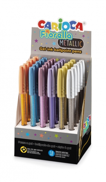 Carioca Fiorella Espositore da 30 penne a sfera colorate metallizzate - Punta a sfera - Corpo trasparente fluo - Scrittura brillante e colorata - Colori vari