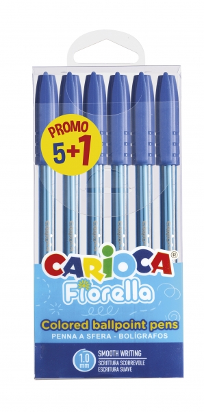 Carioca Fiorella Confezione 5+1 Penne a sfera Punta Ø 1 mm - Corpo trasparente - Scrittura brillante e colorata - Colore blu