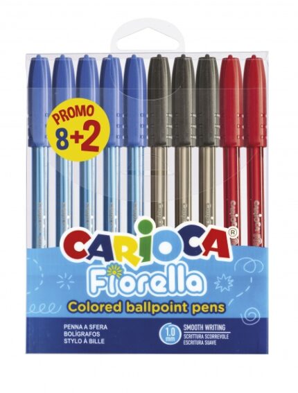 Carioca Fiorella Confezione da 8+2 penne a sfera con punta da 1 mm - Corpo trasparente - Scrittura brillante e colorata - Colori assortiti