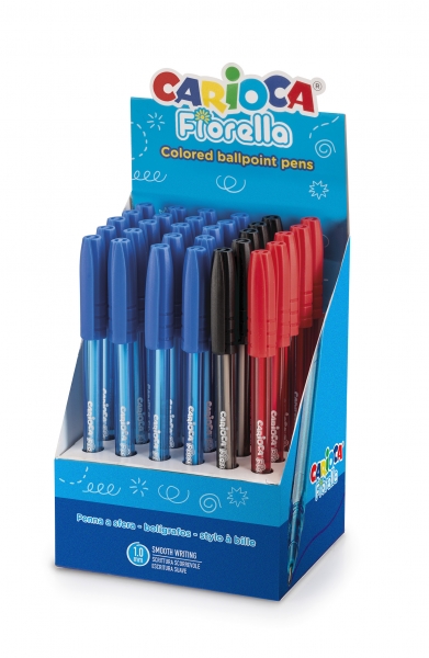 Carioca Fiorella Espositore da 30 penne a sfera - Punta a sfera Ø 1 mm - Corpo trasparente fluo - Scrittura brillante e colorata - Colori assortiti