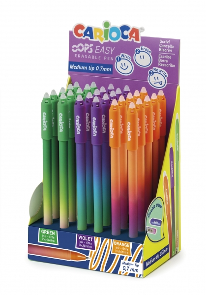 Confezione Carioca Oops Easy Espositore da 30 penne cancellabili - Inchiostro termosensibile - Corpo con effetto sfumato - Punta da Ø 0