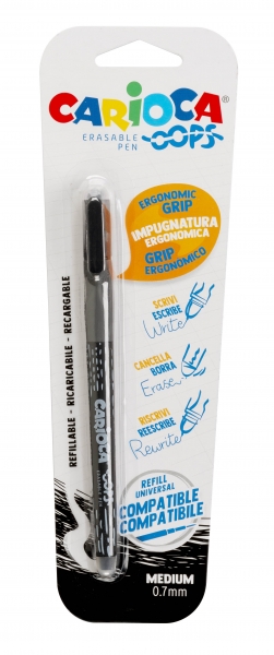 Carioca Oops Blister Penna cancellabile - Inchiostro nero termosensibile - Impugnatura ergonomica triangolare - Punta Ø 0